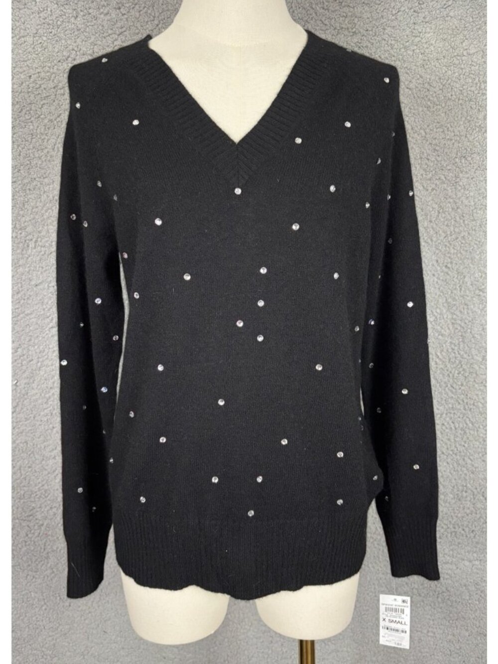 Charter Club Women's Cashmere Double V-Neck Rhinestone Sweater XS Black NWT's.